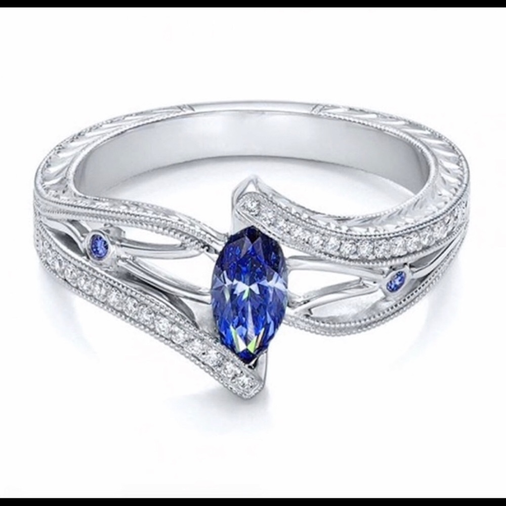 Diamond Crystal Marquis blue CZ white gold ring